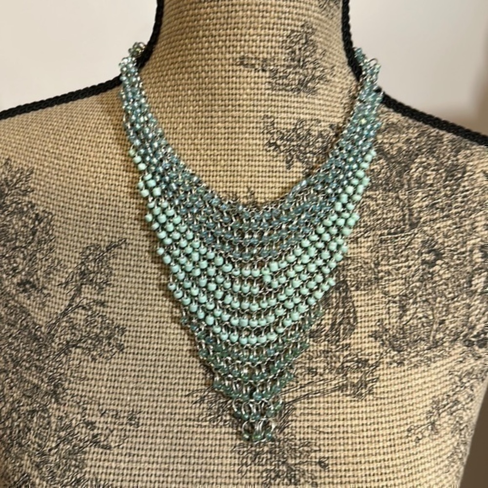 Vintage Robin egg blue beaded chain mail silver toned statement necklace - Picture 1 of 6